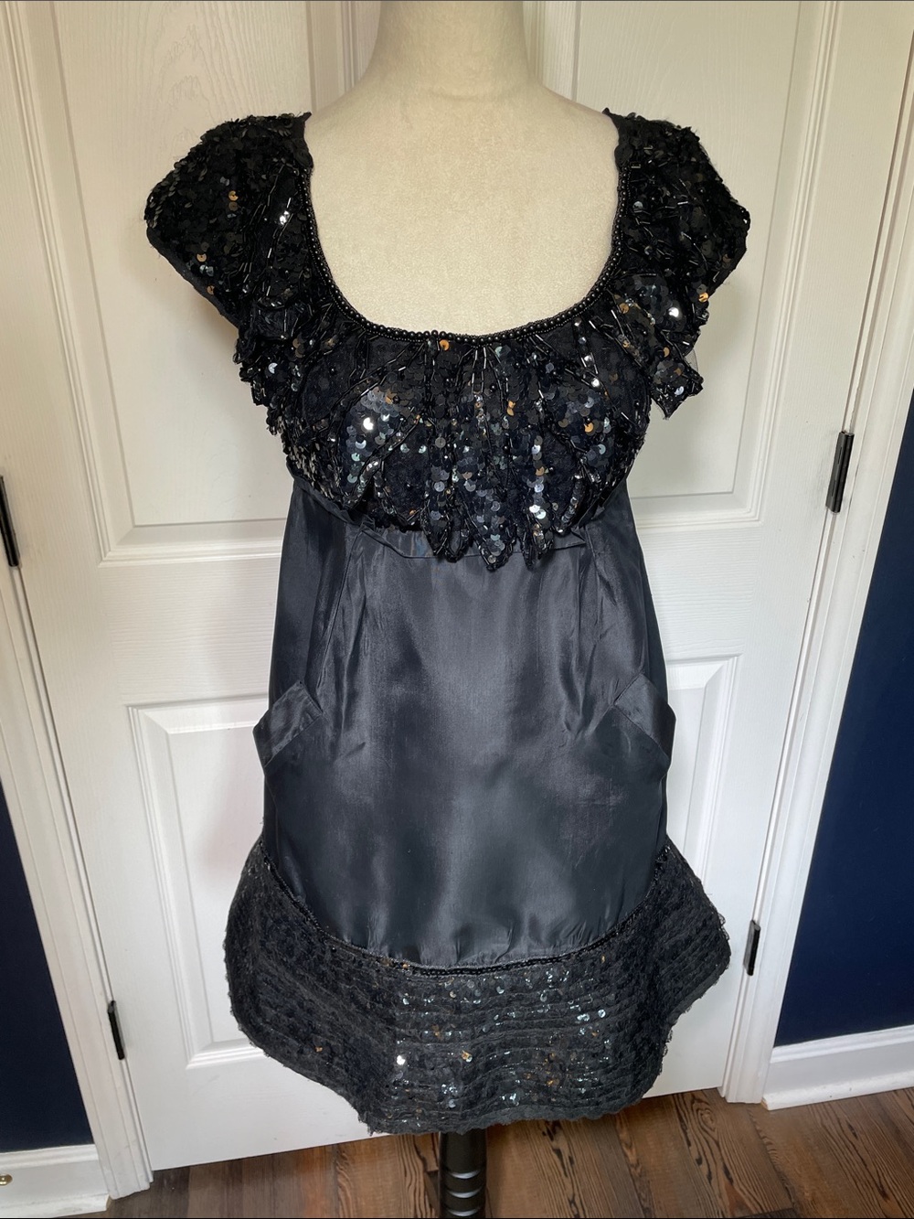 Vintage Y2K BETSEY JOHNSON Sequins Trim Black Acetate‎ Babydoll  Dress Size 6